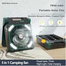 5 in 1 Multifunctional Solar Camping Tent Fan 7800mAh Battery Power Bank LED Light Solar Panel Energy Efficient Cooling System
