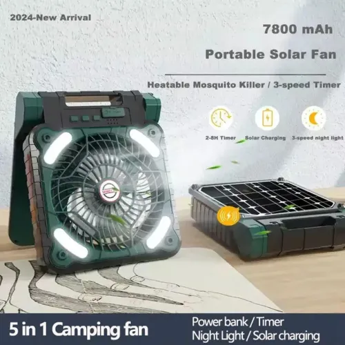 5 in 1 Multifunctional Solar Camping Tent Fan 7800mAh Battery Power Bank LED Light Solar Panel Energy Efficient Cooling System