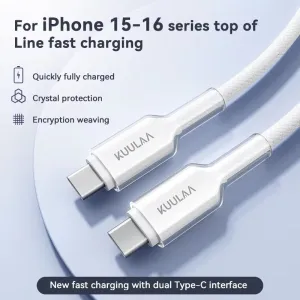 KUULAA PD60W USB-C to USB-C Cable PD3.0 Fast Charging Data Transmission Thickened Nickel Plated Copper Core Line 1.2M/2M Long for iPhone 16 16 Pro 15 Pro Max for Huawei Pura X for Xiaomi 15pro for Samsung Galaxy S25 Ultra