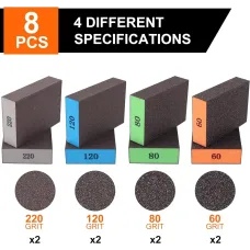 8pcs Sanding Sponges Assorted Grits 60 80 120 220 Washable Reusable Sandpaper Blocks for Woodworking Furniture Metal Drywall Polishing