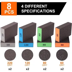 8pcs Sanding Sponges Assorted Grits 60 80 120 220 Washable Reusable Sandpaper Blocks for Woodworking Furniture Metal Drywall Polishing
