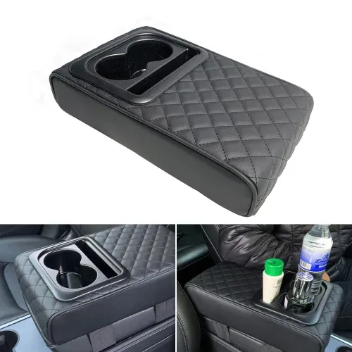 Car Center Console Armrest Cushion with 2 Cup Holders PU Leather Portable Car Armrest Pillow Height Cushion