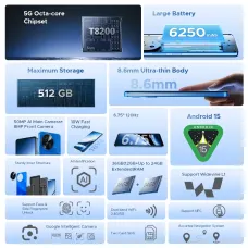 DOOGEE Note59 Pro+ 5G 36GB 512GB 50MP Camera 6.75 inch 120Hz 6250mAh NFC Android 15 UNISOC T8200 Octa Core Smartphone