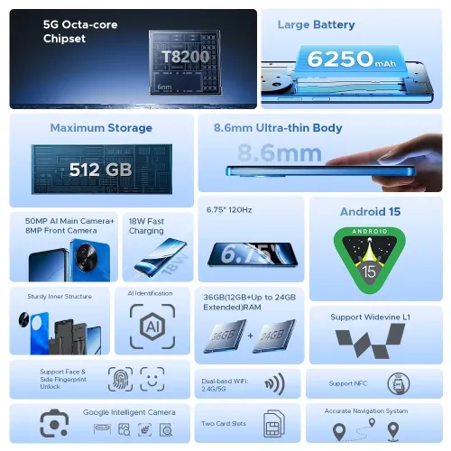 DOOGEE Note59 Pro+ 5G 36GB 512GB 50MP Camera 6.75 inch 120Hz 6250mAh NFC Android 15 UNISOC T8200 Octa Core Smartphone