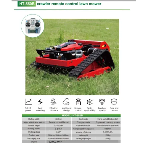 Home Delivery in 3 monthsHT-550B Remote Controlled Lawn Mower 550mm 9ph Cutting Width Adjustable Height Gasoline Engine 45 Degree Inclination Long Range Precision Ground Trimming Tracks Large Area Mowing
