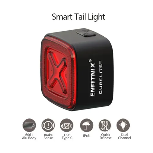 Enfitnix Cubelite IISmart Bike Taillight Brake Sense 400mAh Battery 4 Light Modes USB-Rechargeable IPX6 Waterproof Wear-resistant Aluminum Shell Bicycle Rear Light for Night Cycling