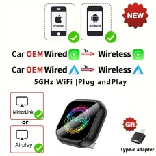 LAESD Q1AQ 3in1 Wireless CarPlay Android Auto Adapter MirrorLink / AirPIay Screen Mirroring USB Dog Bluetooth 5.0 Plug and Play
