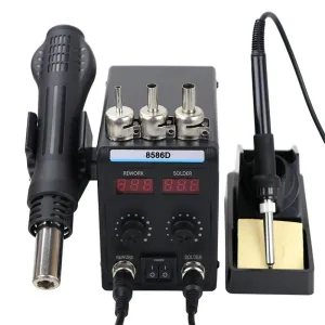8586D Soldering Station 750W 2-in-1 Hot Air Gun and Soldering Iron Dual LED Display Adjustable Temperature 100-480C Ceramic Core for Electronics Repair