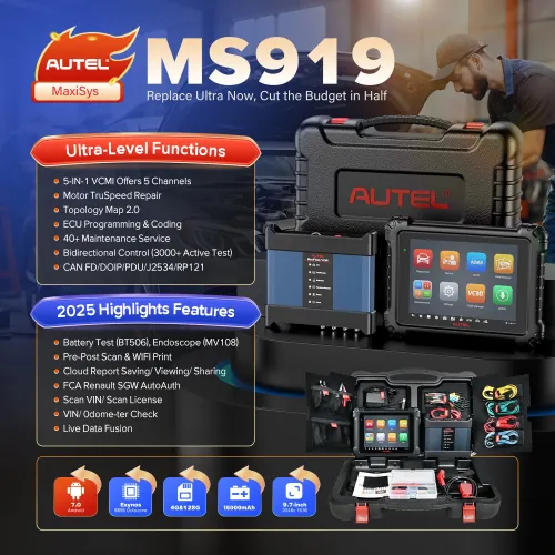 Autel MaxiSys MS919 Advanced Diagnostic Tool Features Topology Mapping ECU Programming 5-in-1 VCMI Active Test 40+ Services Auto Scan Android 7.0