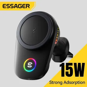 ESSAGER T15 15W Magnetic Wireless Charging Car Mount Air Outlet Phone Holder with RGB Light Cooling Fan Fast Charging for iPhone 17 17Pro Max for Samsung Galaxy S25 Ultra for Huawei Mate XTs