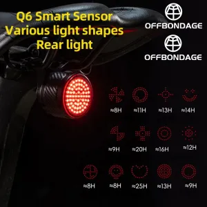 OFFBONDAGATS-Q6 Smart Auto Brake Sensing Bicycle Taillight 13 Light Modes Type-Rechargeable Waterproof Bike Rear Light for MTB Road Night Riding Safety