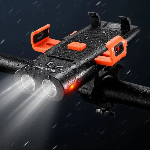 WESBIKING 5 IN 1 500Lm Brightness Bike Headlight 3000mAh Battery Waterproof 4 Light Modes Power Bank Phone Holder with 130db Horn Warning Light for Night Cycling