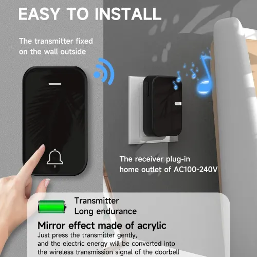 1-to-1 Wireless Music Doorbell IP44 Waterproof 200 Meters Long Range Remote 38 Music Easy Installation Smart Home Battery Operated Door Bell EU Plug Pager
