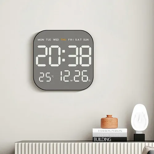 Remote Control Digital Wall Clock LED Alarm Clock Metal Brushed Texture Large Display Screen Home Office Bedroom