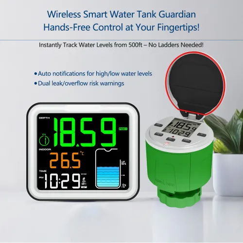 Smart Ultrasonic Water Tank Level Monitor Real Time Depth Temperature Sensor 0-5m Accuracy 0.03m Wireless Signal 500ft Multi Channel LCD Display for Home and Agriculture Tracking
