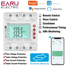 380V 100A Tuya Smart WiFi 3 Phase Bi-Directional Energy Power kWh Meter Over Under Voltage Protector Relay Switch Current Limit Work with Alexa Google Assistant