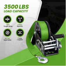 Heavy Duty 3500lbs Boat Trailer Winch with 33ft Green Strap  Manual Winch Handle Dual Gear 4 1/8 1 Ratio for Boats Jet Skis Marine