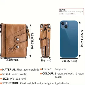 BULLCAPTAIN Genuine Leather Mens Wallet RFID Blocking Short Wallet with Chain Multifunction Card Holder Double Zipper Coin Purse Money Clip Compact Storage Bag Stylish