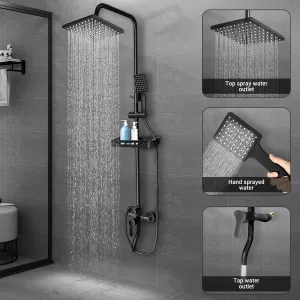 BVSOIVIA 3 IN 1 Bathroom Shower Faucet Rainfall Shower Set Matte Black Wall Mount Bathtub Shower Mixer Tap Shower System with Shelf