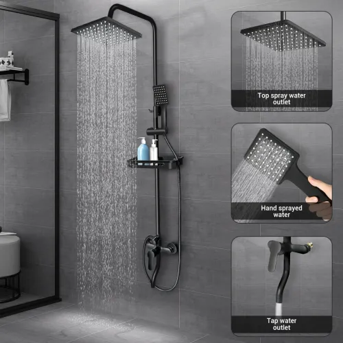 BVSOIVIA 3 IN 1 Bathroom Shower Faucet Rainfall Shower Set Matte Black Wall Mount Bathtub Shower Mixer Tap Shower System with Shelf