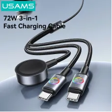 USAMS SJ754 3A 72W Type-C to Type-C+Type-C+iWatch Colorful Lighting Cable Fast Charging Data Transmission Tinned Copper Core Line 1.2M Long for iPhone 17 17Pro 16 15 Pro Max for HUAWEI for SAMSUNG for iWatch