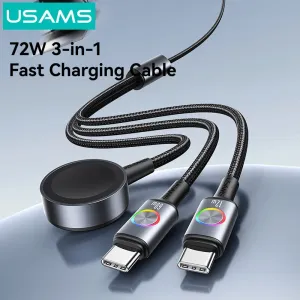 USAMS SJ754 3A 72W Type-C to Type-C+Type-C+iWatch Colorful Lighting Cable Fast Charging Data Transmission Tinned Copper Core Line 1.2M Long for iPhone 17 17Pro 16 15 Pro Max for HUAWEI for SAMSUNG for iWatch