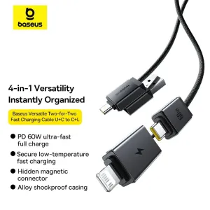 Baseus Versatile 60W USB-A+USB-C to USB-C+iP Cable PD Fast Charging Data Transmission Copper Core Line 1M/2M Long for  iPhone 16 Pro 15 Pro Max 14 13 12 for Huawei Mate XT for Xiaomi 15pro for Samsung Galaxy Z Flip6