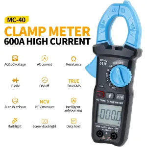 FNIRSI MC-40 High Precision Clamp Meter 600A True RMS Auto Ranging Intelligent Anti-burning Multimeter with Backlight and NCV Measurement