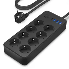 2200W 12-in-1 Multitap Power Strip Socket with 8 AC EU Outlets+3 USB-A+1 USB-C Output Socket with 1.8M AC110-250V Extension Cord Home Office Surge Protector