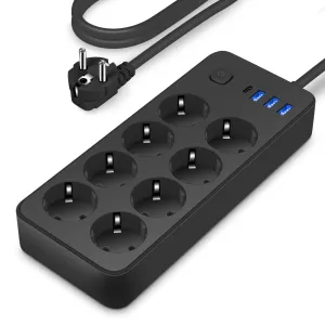 2200W 12-in-1 Multitap Power Strip Socket with 8 AC EU Outlets+3 USB-A+1 USB-C Output Socket with 1.8M AC110-250V Extension Cord Home Office Surge Protector