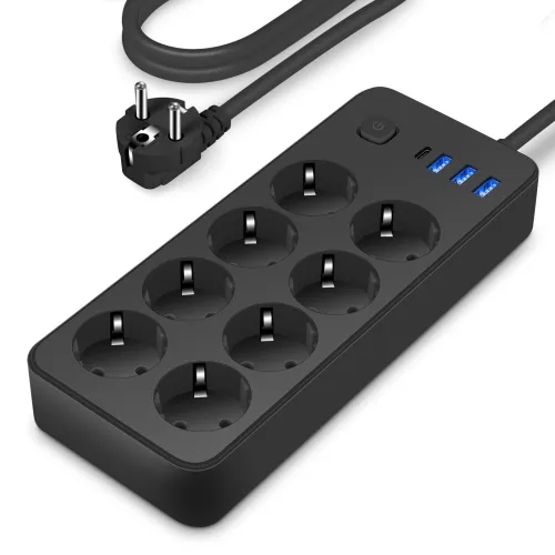 2200W 12-in-1 Multitap Power Strip Socket with 8 AC EU Outlets+3 USB-A+1 USB-C Output Socket with 1.8M AC110-250V Extension Cord Home Office Surge Protector