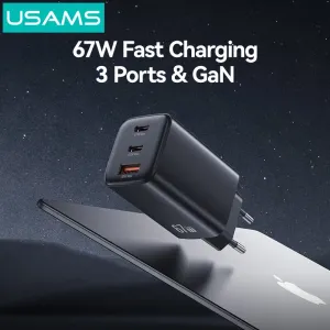 [GaN Tech] USAMS CC265 67W 3-Port USB Charger Dual USB-C+USB-A Fast Charging Wall Charger Adapter EU Plug for iPhone 17 17Pro 16 15 14 Pro Max for Huawei Mate XTs for SAMSUNG Galaxy Z Fold7 for OPPO for XIAOMI