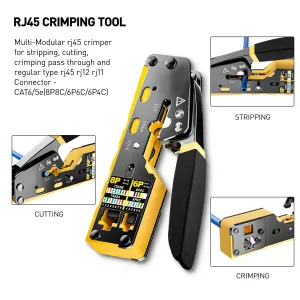 RJ45 Crimp Tool Kit Cat6 Cat5e Network Cable Tester Pass Through Connectors Wire Cutter Mini Stripper Strain Relief Boots 1000m Test Distance Crimping Cutting Stripping Tools