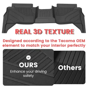 3PCS Car Floor Mats Set For Toyota Tacoma 2024 2025 Double Cab All Weather TPE Material Custom Fit Auto ICE Models Front Rear Row Anti Slip Shock Absorbing Easy Install