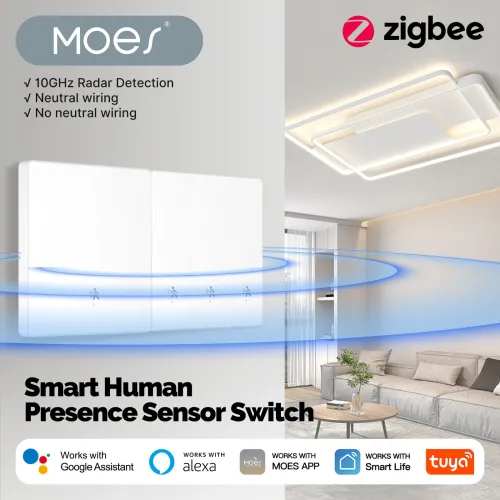 MOES SVL01-Z Tuya Zigbe Smart Human Presence Switch 10GHz mmWave Radar Detection Timing Function Wall Light Voice Control with Alexa Google Home