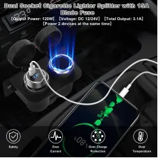 Car Socket with Blade Fuse 2-Socket  Splitter 12V Lighter Power Outlet Replacement Waterproof Plug for Car Marine Truck ATV RV