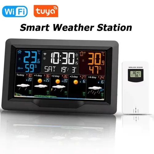 Tuya WiFi Weather Station Color Screen Indoor Outdoor Temperature Humidity Monitor Multifunctional Weather Alarm Clock Real-Time Weather Updates Smart Home Device