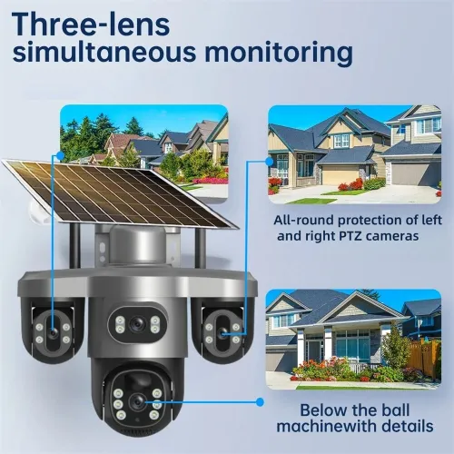 15MP HD V380 Pro Solar Powered PTZ Camera Three Lens Auto Tracking 10X Zoom Color Night Vision IP66 Wireless Outdoor Security Camera