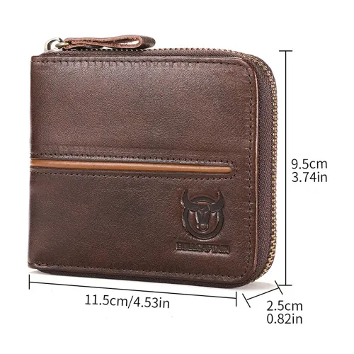 BULLCAPTAIN Men's Genuine Leather Wallet Horizontal Zipper Multi-card Design Business Card Holder Driver's License Money Clip