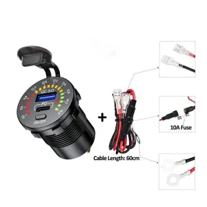 12-24V Dual USB Car Charger Socket PD+QC3.0 With Colorful Voltmeter ON/OFF Switch for Bus Trailer Boats