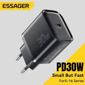ESSAGER ES-CD52 30W 1-Port USB PD Charger USB-C PD3.0 QC3.0 FCP SCP BC1.2 iP2.4A Fast Charging Wall Charger Adapter EU Plug for iPhone 16 16 Pro 15 14 13 Pro Max for Huawei Pura 80 Ultra for Xiaomi MIX Flip 2