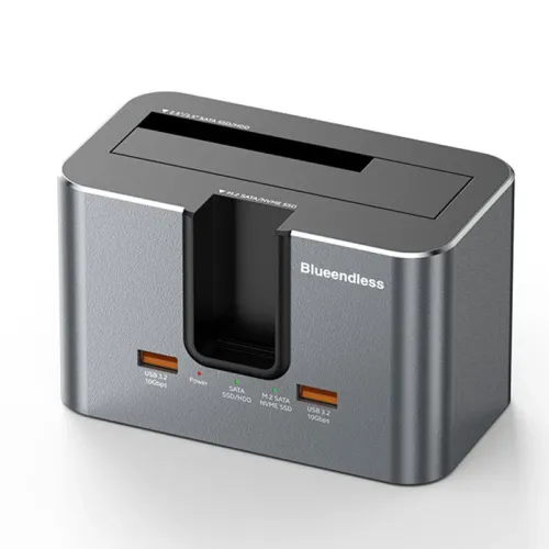 Blueendless HD01SN Dual Bay Hard Drive Docking Station Enclosure Case Support 2.5/3.5inch SATA HDD and M.2 NVME/SATA SSD with 2 USB3.2 Expansion Ports External SATA Drive Box