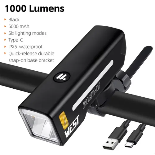 WESBIKING 1000 Lumen High Brightness Bike Headlight 5000mAh Anti-glare Quick-release Bicycle Light IPX5 Waterproof USB Charging 6 Light Modes for MTB Road Cycling