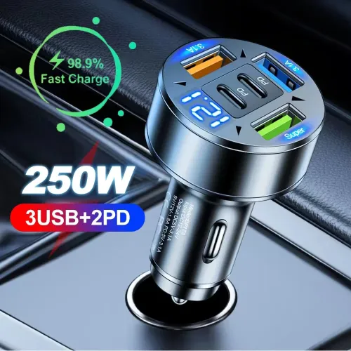 JMG 250W 5-Port USB PD Car Charger Adapter 3USB-A+2USB-C PD QC3.0 Fast Charging with Blue LED Digital Display for iPhone 16 16 Pro 15 14 13 Pro Max for Samsung Galaxy S25 Ultra for Huawei Pura X for Xiaomi 15pro