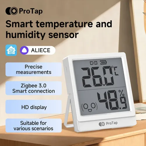 Protap PRTETP03 Smart Zigbe Thermometer Hygrometer with 3.2 Inch LCD Display High Accuracy Home Assistant Compatible Temperature Humidity Sensor for Smart Home