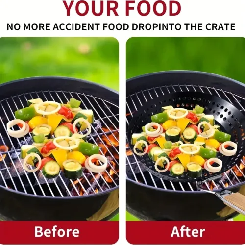IPRee BBQ Grill Basket Round Perforated Grilling Pan with Folding Handle for Camping Picnic BBQ Folding Outdoor Barbecue and Baking