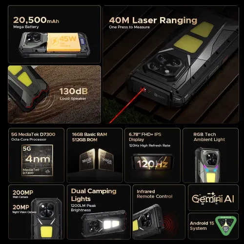 DOOGEE V Max LR 5G AI Laser Ranging Dual Camping Lights 20500mAh 36GB 512GB 200MP Triple Camera Night Vision 6.78 inch 120Hz Loud Speaker Android 15 Dimensity 7300 NFC IP68 IP69K Waterproof Rugged Smartphone