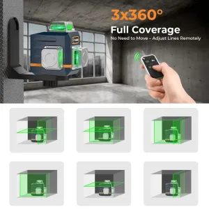 CIGMAN CM-701T 3x360 Laser Level 100ft Green Beam Self-Leveling Remote Control Rechargeable Battery with 1.5m Tripod IP54 Rating