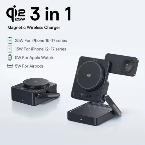 Baseus PicoGo AF21 3-in-1 Qi2.2Magnetic Wireless Charger Stand 25W Fast Wireless Charging Mount Bracket for Smart Phones for iPhone 17 17Pro 16 Pro Max 15 14 13 for Huawei Mate XTs for Xiaomi 17pro for OPPO for Airpods for Apple Watch