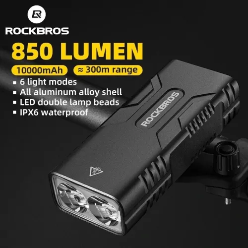 ROCKBROPower Bank Bike Headlight 850Lm Lumens 10000mAh Battery Type-Rechargeable IPX6 Waterproof 6 Light Modes Aluminum Alloy Bicycle Light Flashlight for Cycling
